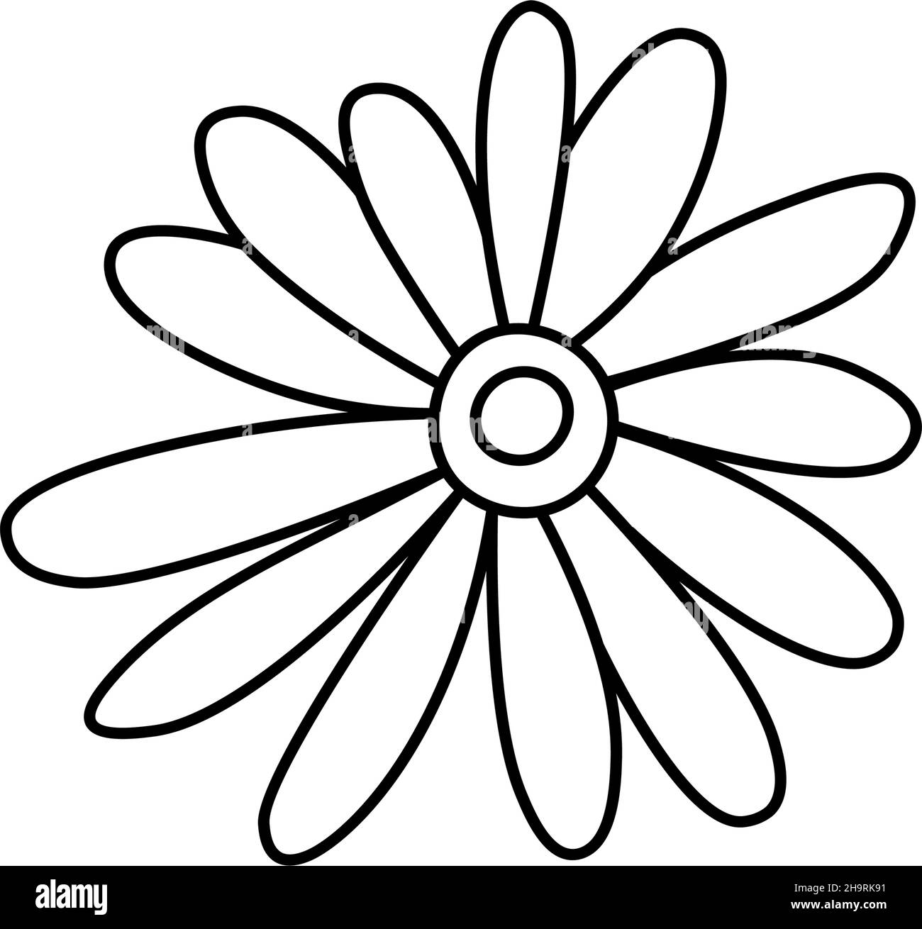 Icona a margherita. Tè alle erbe. Disegno a contorno camomilla per design, logo, cartolina, arredamento. Illustrazione vettoriale in stile doodle isolato sul dorso Illustrazione Vettoriale