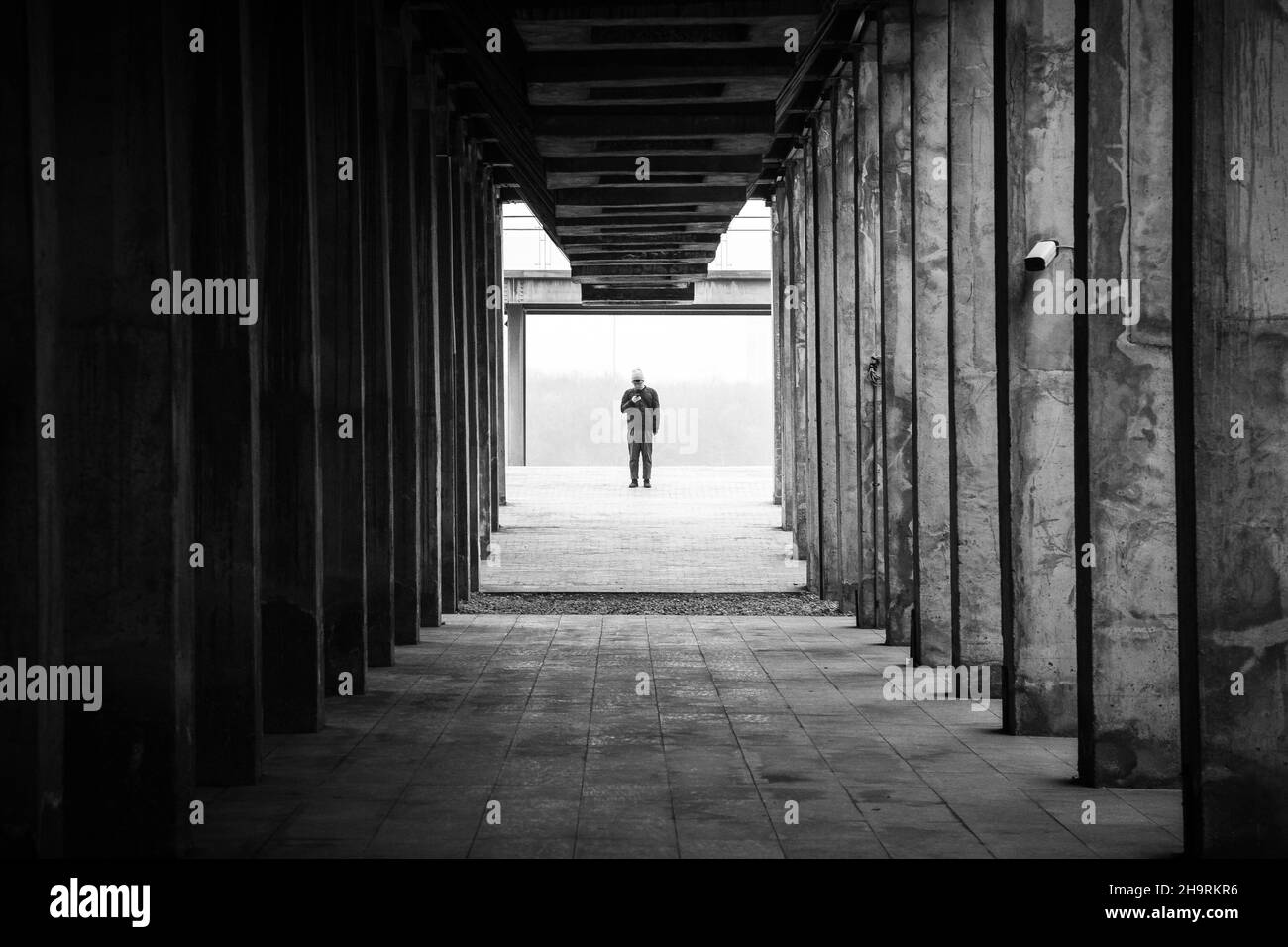 Un uomo si trova alla fine di una fila di navate di pilastri in cemento, Long Museum, West Bund, Shanghai, Cina Foto Stock