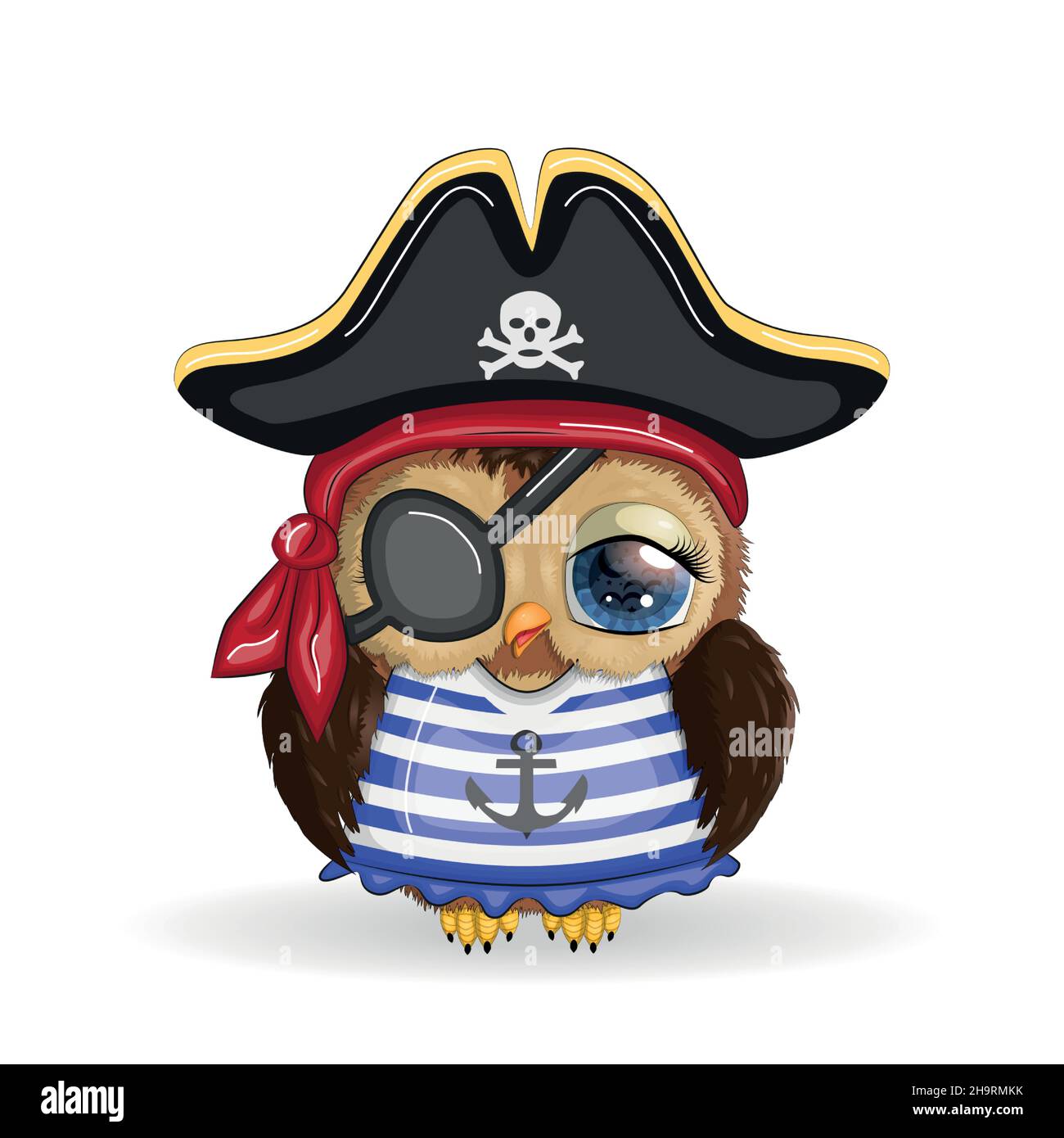 Gufo pirata, personaggio cartoon del gioco, un uccello in una bandana e un cappello nascosto con un cranio, con una patch occhio. Carattere con occhi luminosi Illustrazione Vettoriale