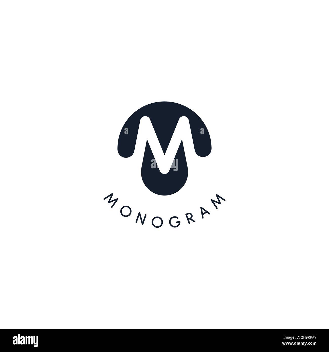 Logo nero con silhouette ritagliata della lettera M, monogramma rotondo per il business e il branding. Moderno logotipo vettoriale, stile spazio negativo badge cerchio Illustrazione Vettoriale
