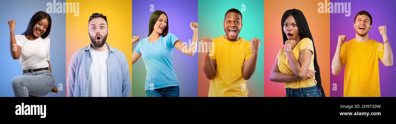 Collage di persone multirazziali overjoyed uomini e donne che celebrano il successo, aggrappando pugni su sfondi colorati Foto Stock