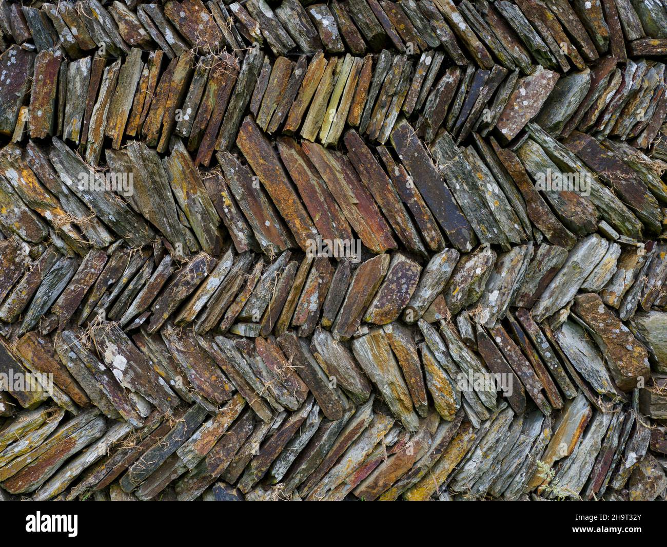 Parete in pietra asciutta con motivo a spina di pesce, Devon, Regno Unito Foto Stock