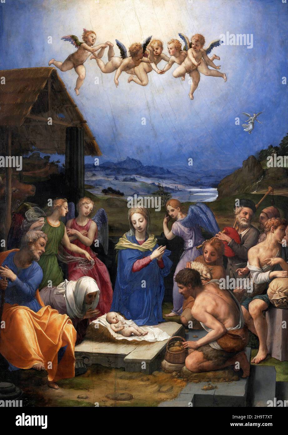 Bronzino. L'Adorazione dei Pastori di Agnolo di Cosimo (1503-1572), olio di pioppo, 1539-40 Foto Stock