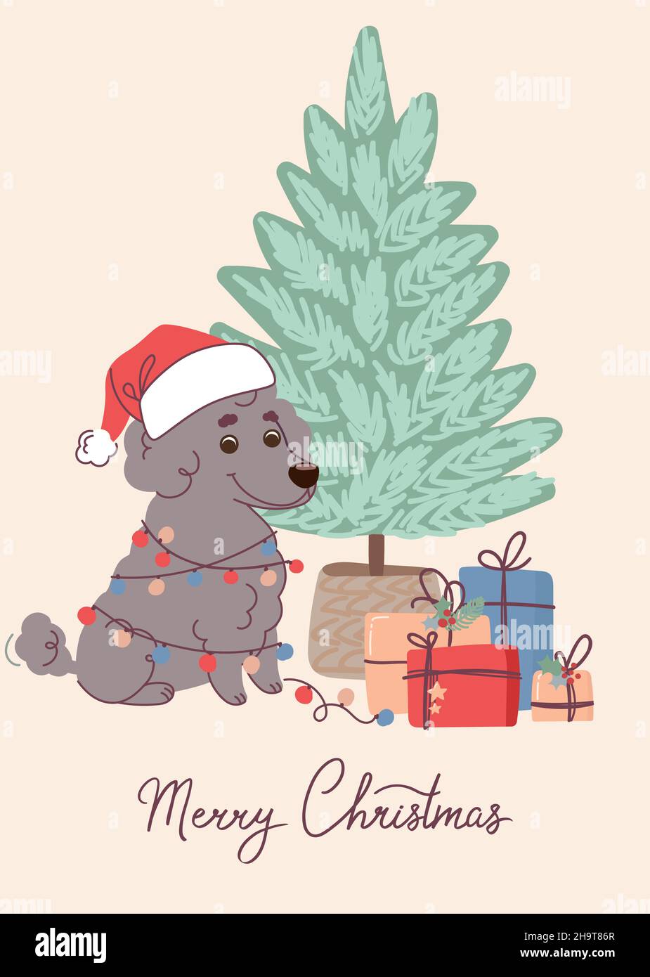 Carino cuccioli di cane che indossa un cappello Babbo Natale sulla carta di  natale. Biglietto d'auguri vettoriale in stile piatto con lettere buon  Natale Immagine e Vettoriale - Alamy
