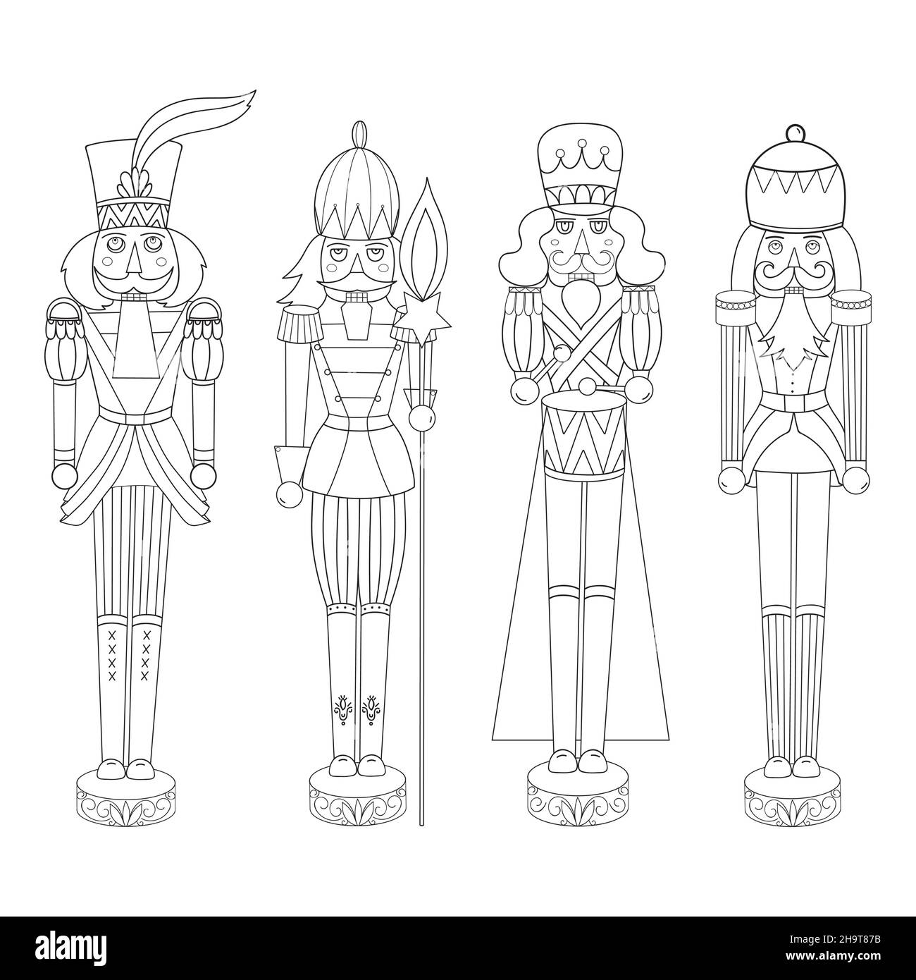 Set di personaggi disegnati a mano in stile schizzo della fiaba di Nutcracker isolata su sfondo bianco. Illustrazione vettoriale. Illustrazione Vettoriale
