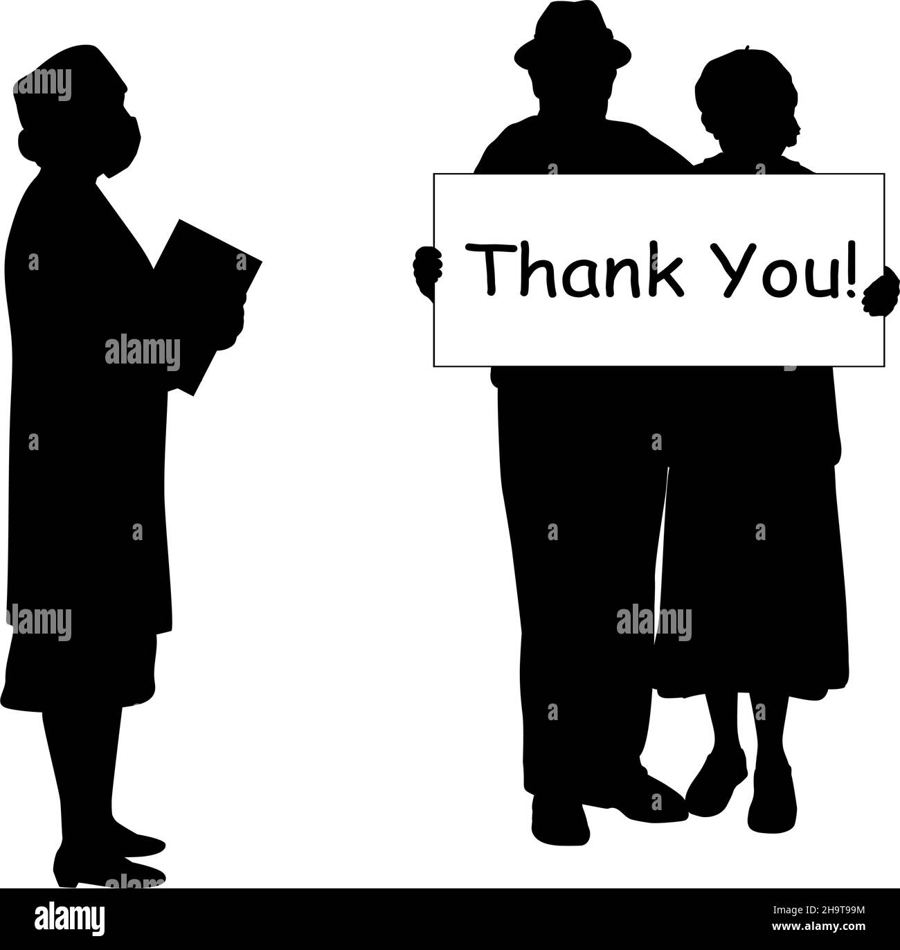 Sagome dei nonni che tengono la targhetta con la parola ringraziare i medici. IO Illustrazione Vettoriale