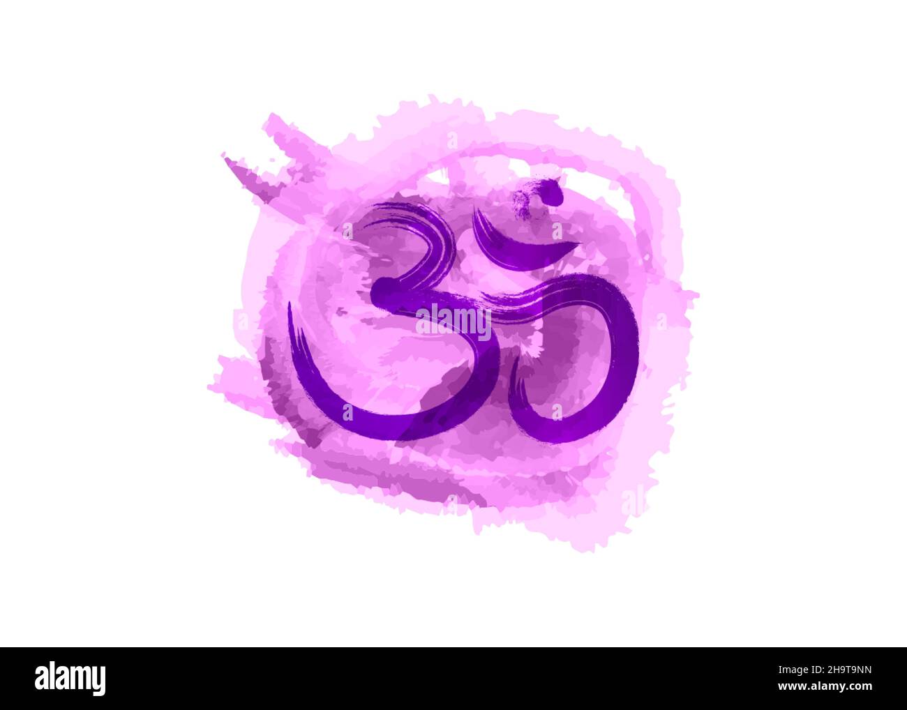 OM, Aum simbolo colorato, acquerello viola stile. OM inchiostro icona calligrafia cinese. Logo Samsara. Vettore isolato su sfondo bianco Illustrazione Vettoriale