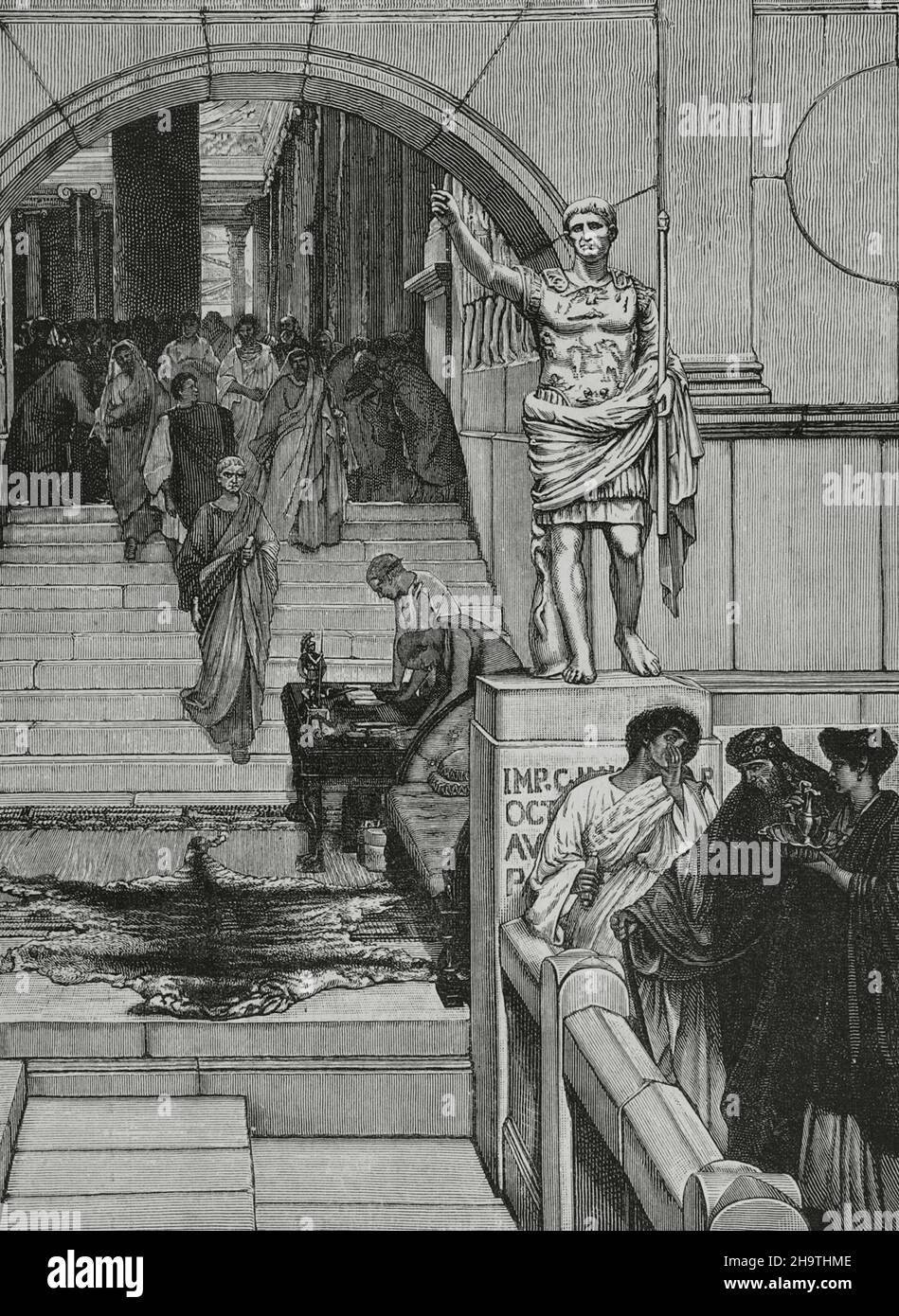 Pubblico con Agrippa (63 BC-12 BC). Generale e politico romano. Incisione dopo un dipinto di Lawrence Alma-Tadema (1836-1912). La Ilustración Española y americana, 1882. Foto Stock