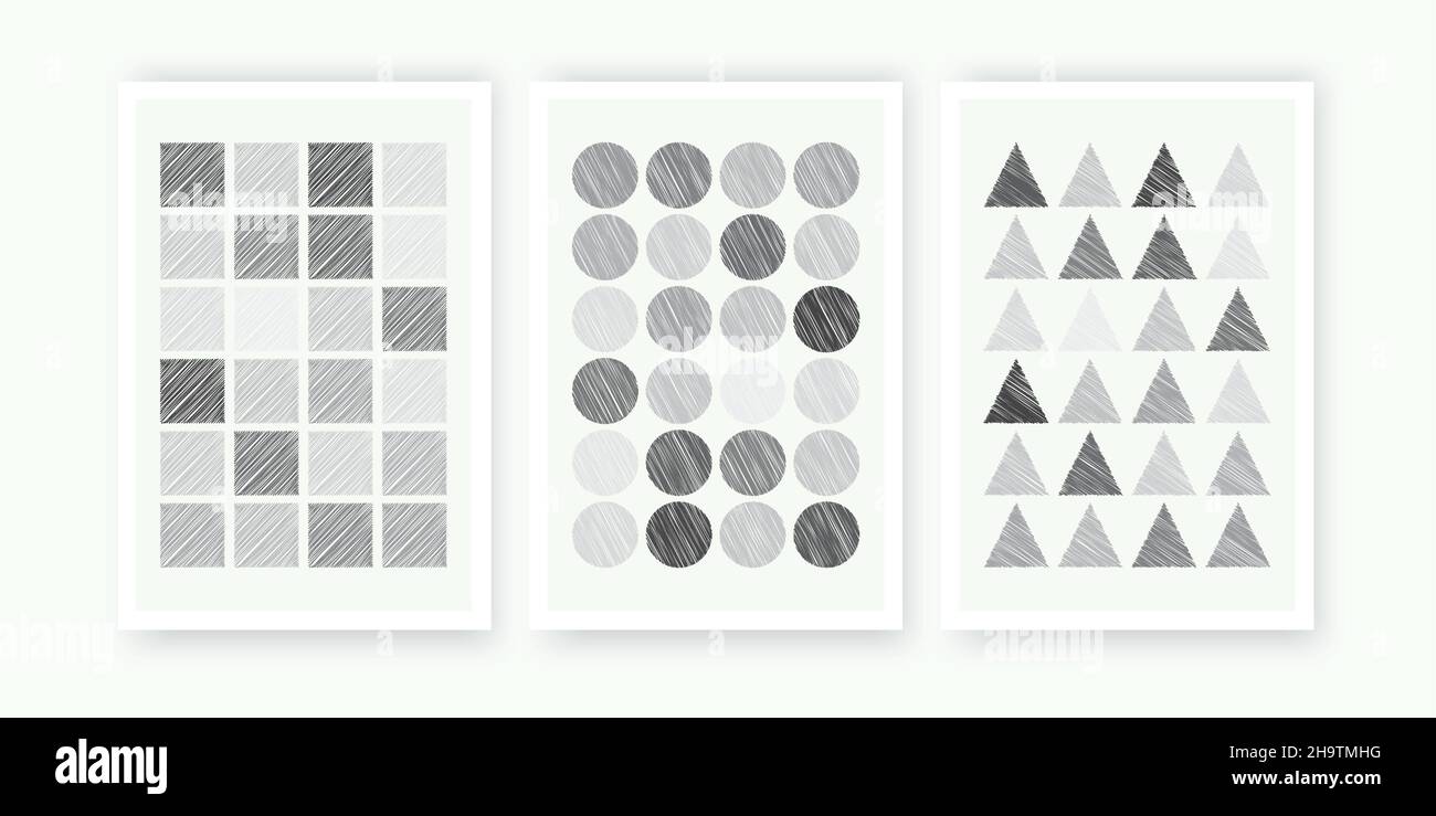 Design astratto del poster, vettoriale. Illustrazione quadrata, triangolare, circolare. Design minimalista in tre pezzi. Design da parete Illustrazione Vettoriale