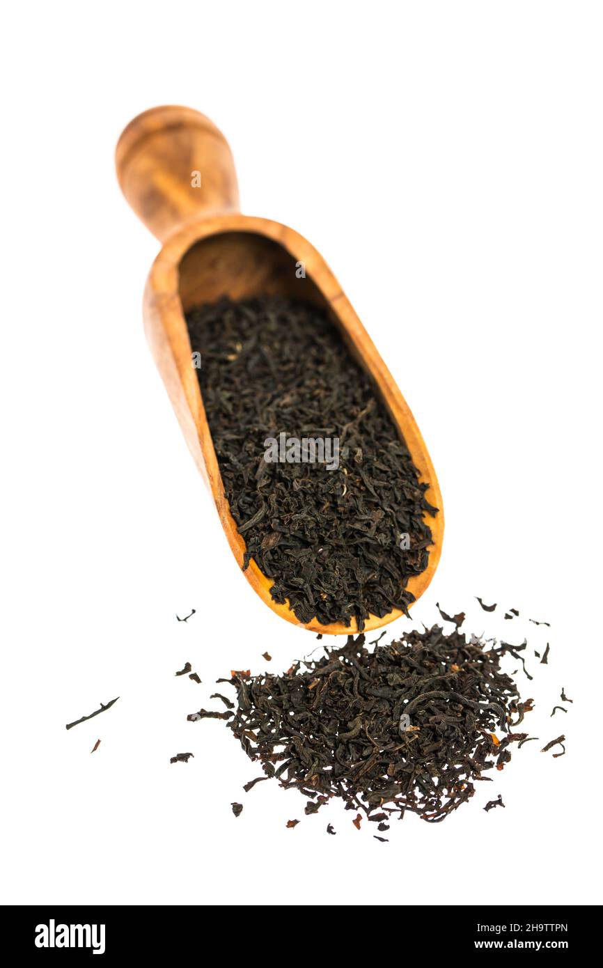 cucchiaio da tè, tè, nero, tè nero, porzione, parte, legno, legno di oliva, pala, sciolto, teee, bere, bere, rilassarsi, spezie, cultura, aperto, mescola, mescola Foto Stock