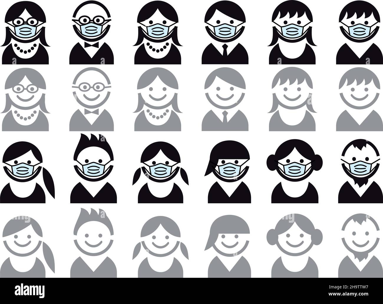 Avatar con maschera medica, icone utente, persone, volti sorridenti, set vettoriale Illustrazione Vettoriale