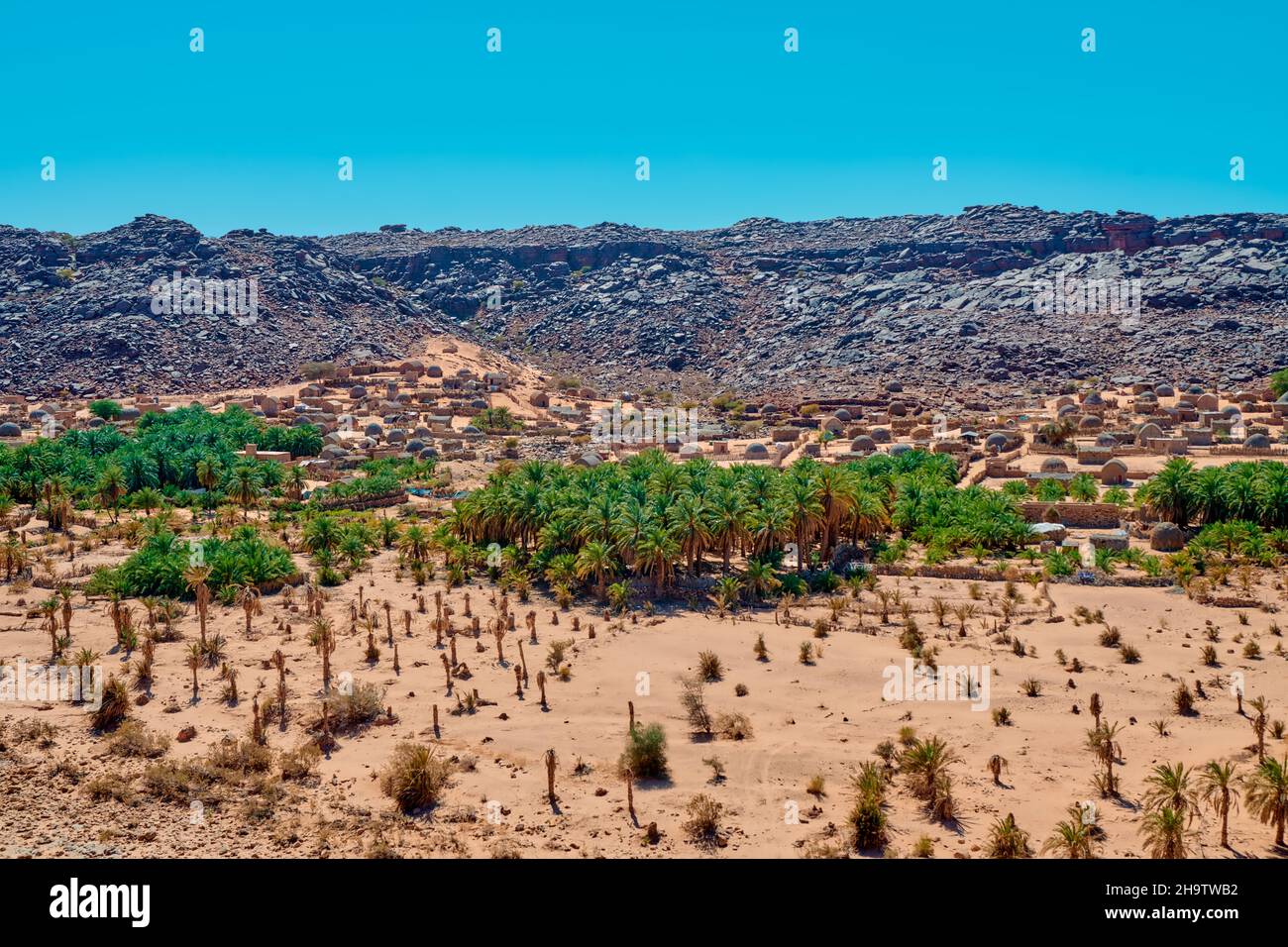 Vista dell'oasi di Mherith nel Sahara Mauritiano Foto Stock
