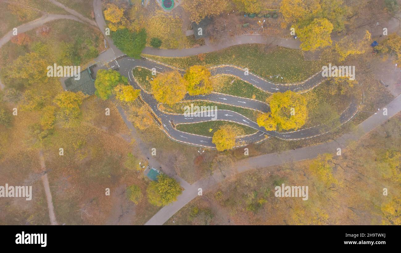 Percorso ciclabile che imita una pista a serpentina di montagna nel parco della città in autunno. Foglie caduta nel parco. Vista aerea. Foto Stock