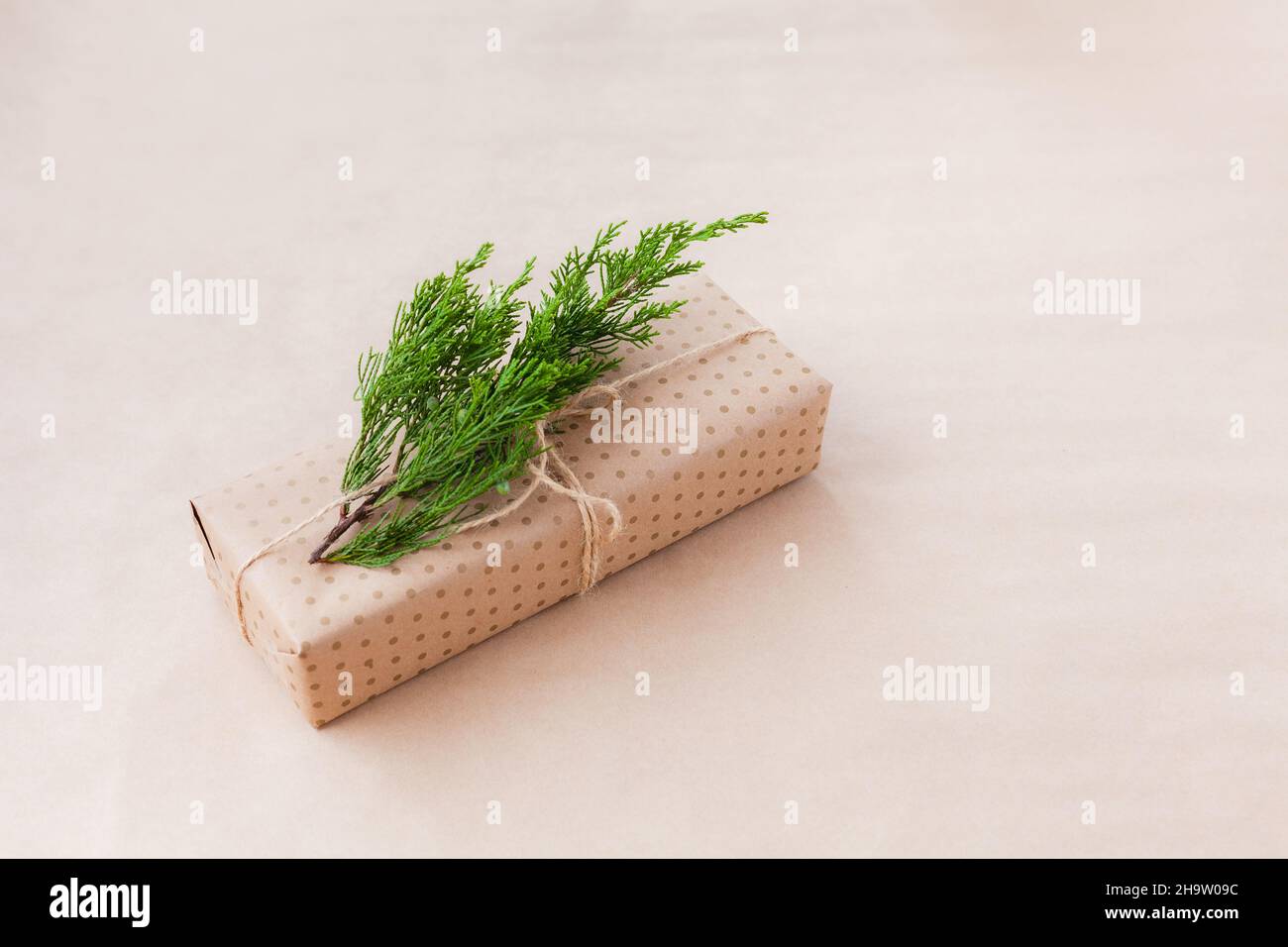 Bel regalo avvolto in carta artigianale e decorato con cipresso ramo Foto Stock
