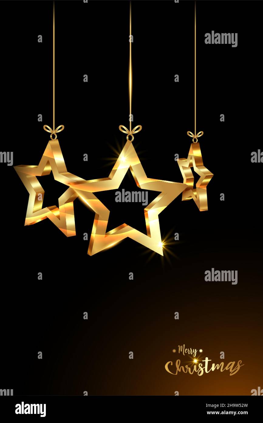 Palline di Natale in forma di stelle 3D, banner natalizio di lusso con  stella oro impostata, biglietto di auguri per buon Natale e buon anno.  Lusso d'oro Immagine e Vettoriale - Alamy