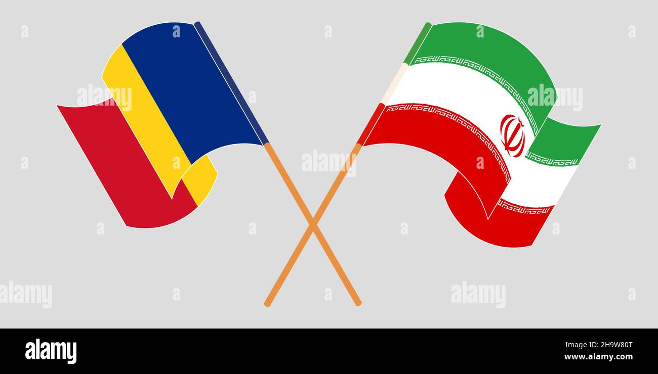 Bandiere incrociate e sventolanti di Iran e Romania. Illustrazione vettoriale Illustrazione Vettoriale