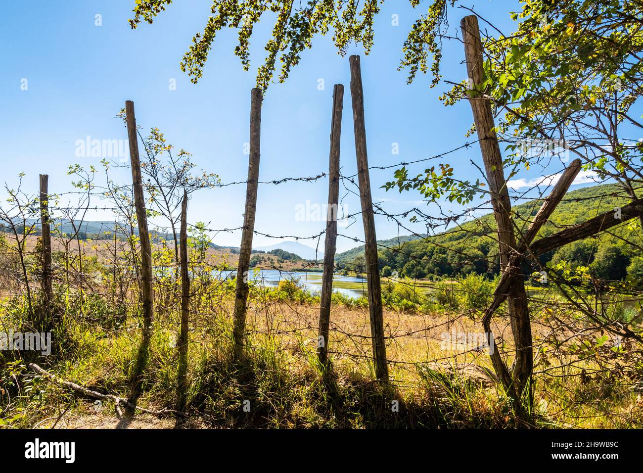 Vista sul lago di Biviere con il vulcano Etna, Parco Nazionale dei Nebrodi, Sicilia, Italia Foto Stock