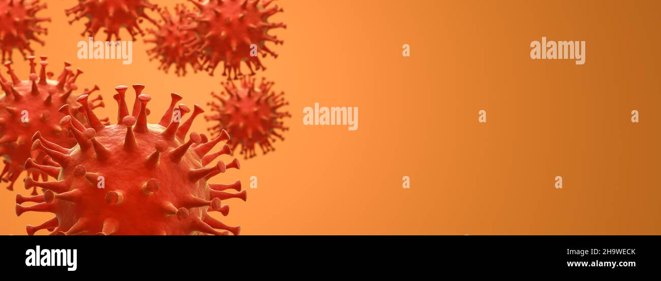 Rendering 3D: Corona virus - immagine schematica dei virus della famiglia Corona di colore arancione. Fuoco selettivo - formato banner Web con spazio di copia Foto Stock
