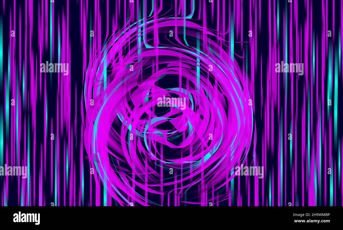 Linee di neon e cerchi agitati.effetto di criceto di rotazione. Colore rosa e verde, concept con design futuristico e vettoriale. Sfondo cyberpunk. F Foto Stock