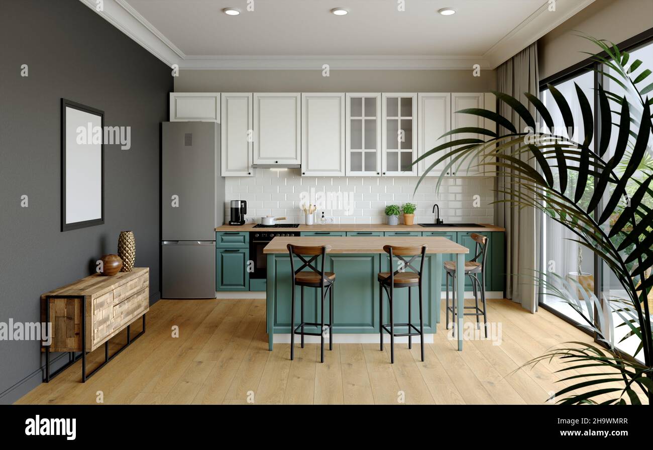 3d rendering. Cucina dal design luminoso. Foto Stock