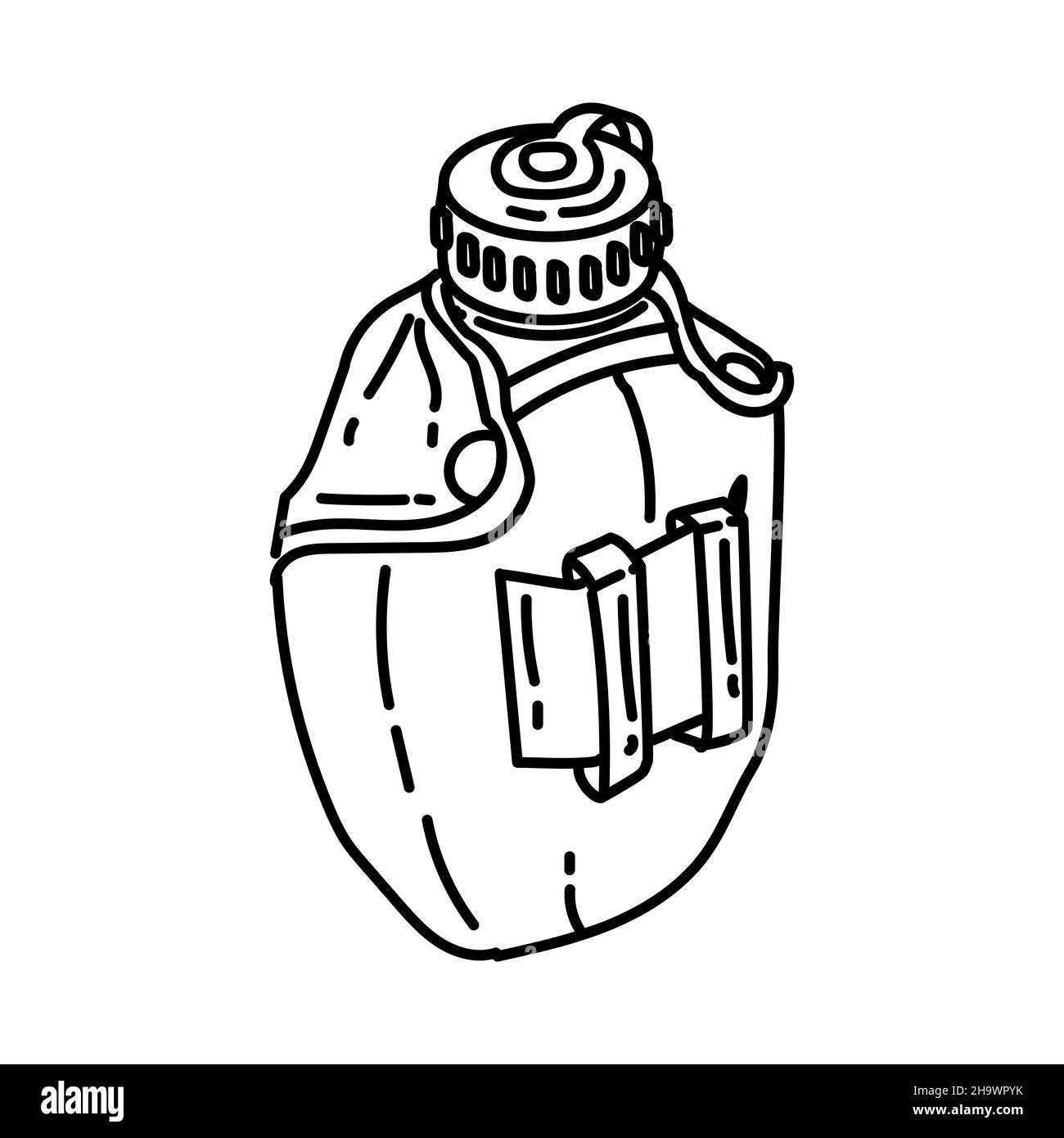 Esercito che beve fiasca acqua bottiglia parte di militare e esercito attrezzature di forza disegnate a mano icona set Vector. Illustrazione Vettoriale