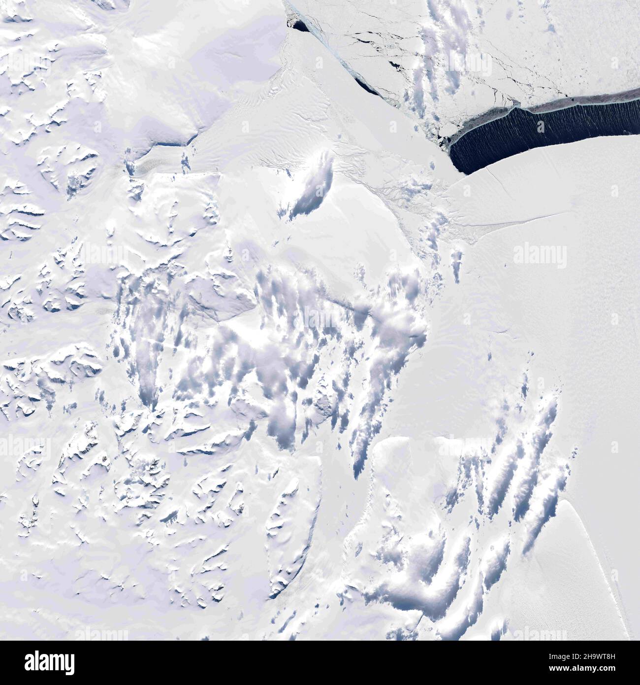 Antartide. 20th Nov 2021. La coperta congelata di ghiaccio marino in cima all'Oceano Meridionale è uno studio in estremi. Dopo aver cresciuto fino a coprire 18 milioni di chilometri quadrati di mare in inverno, il ghiaccio quasi completamente si scioglie ogni estate. Ma anche durante questa fusione annuale, le temperature durante la primavera australe possono ancora essere abbastanza fredde da produrre aree localizzate di nuova crescita di ghiaccio intorno all'Antartide. Il risultato è un medley di pattern e texture congelati, visibili in questa immagine acquisita il 20 novembre 2021, con l'Operational Land Imager (oli) su Landsat 8. Mostra una serie di ghiaccio Ty Foto Stock