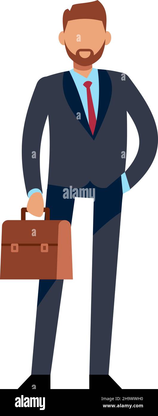 Uomo in tuta che tiene la valigetta. Carattere moderno dell'uomo d'affari Illustrazione Vettoriale