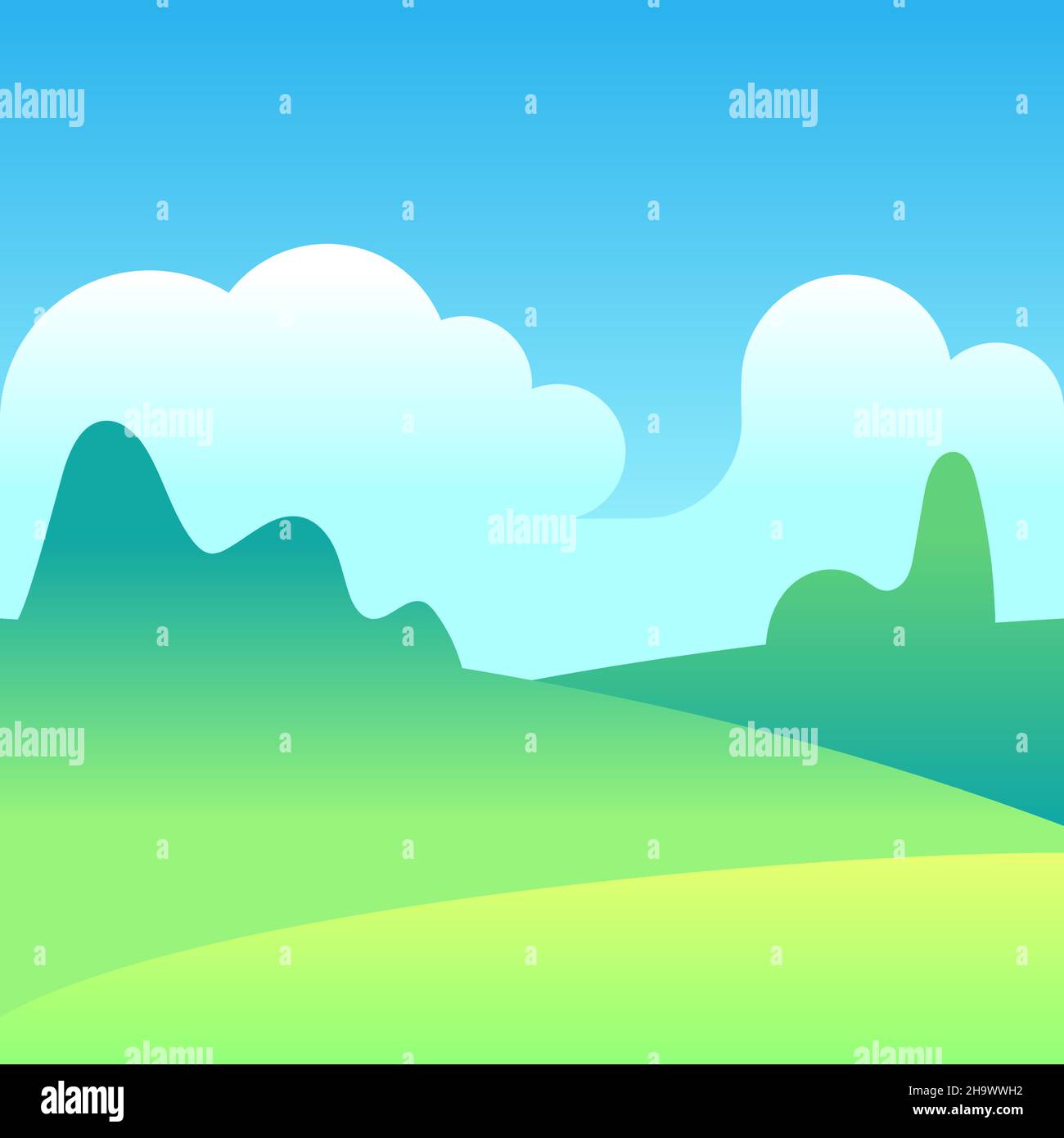 Paesaggio con luce diurna. Verdi colline e cielo blu con nuvole Illustrazione Vettoriale