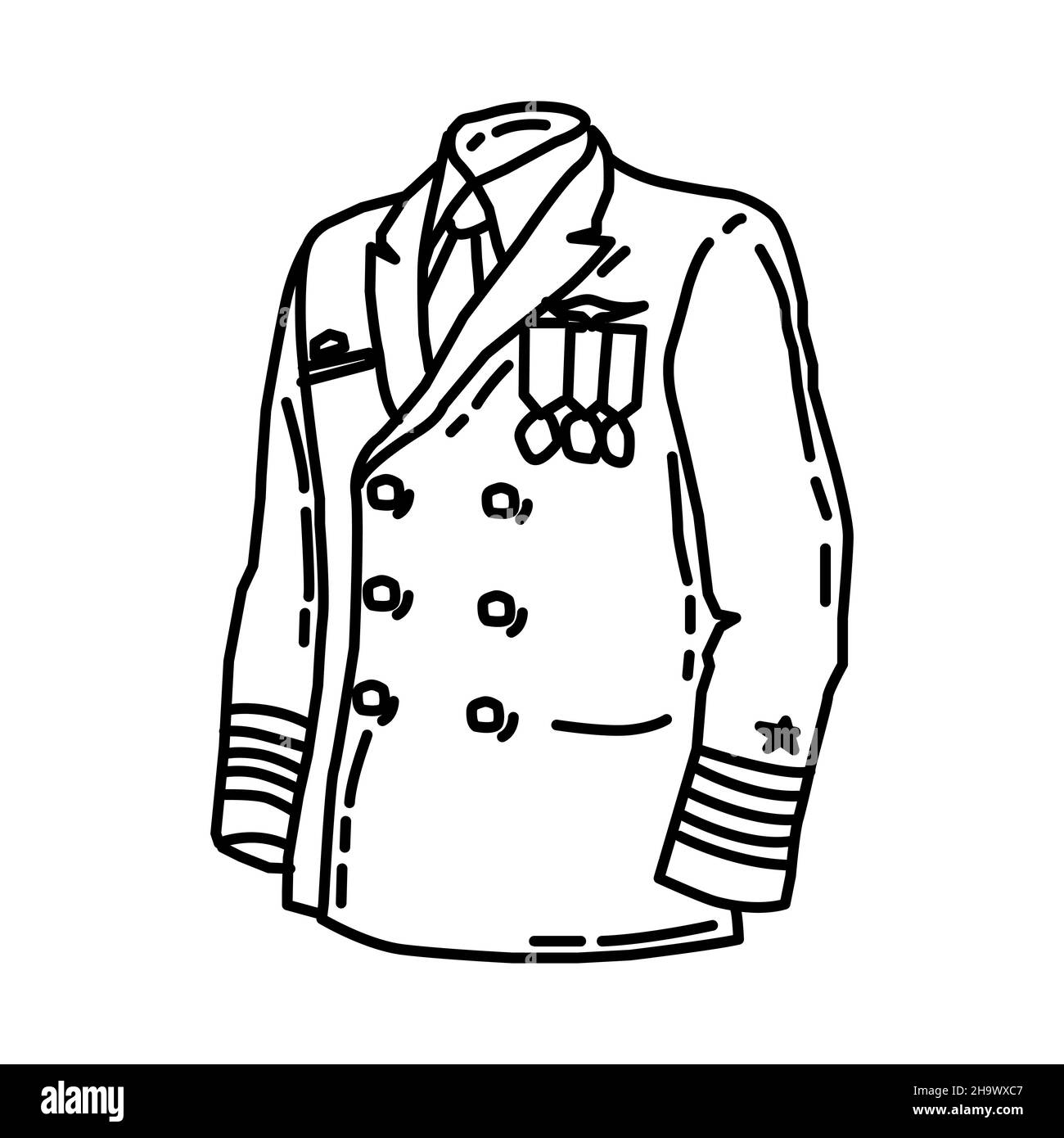 Navy Officer Soldier uniforme parte di militare e Navy Force Equipments disegno a mano icona set Vector. Illustrazione Vettoriale