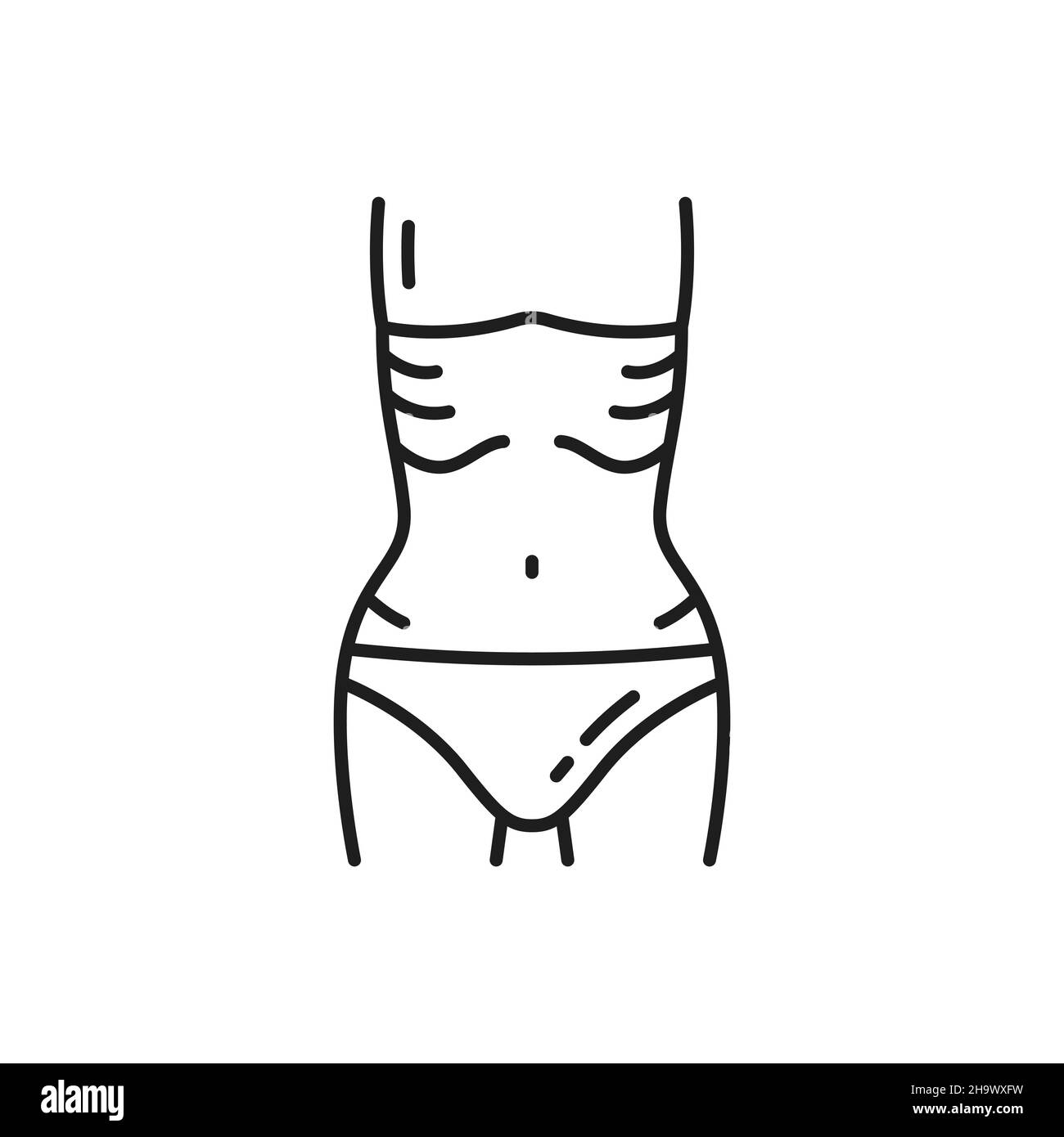 Icona del profilo del controllo del peso, pittogramma linea sottile della vita della donna skinny. Bulimia, anoressia o disturbi alimentari problema del pittogramma vettoriale. Nutrizione sana Illustrazione Vettoriale