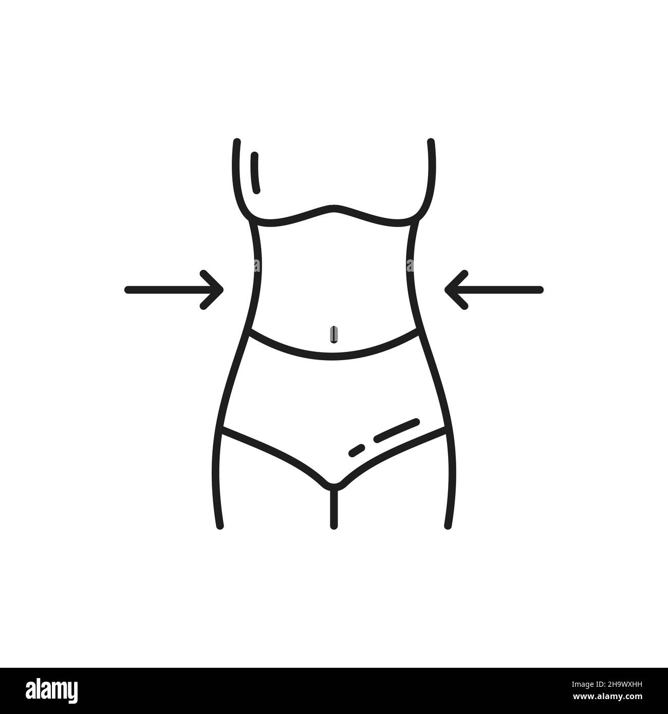 Donna sottile vita contorno icona, corpo esercizio segno linea sottile. Dieta nutrizione contorno vettore icona. Pittogramma di stile di vita sano, minimalis di controllo di peso Illustrazione Vettoriale