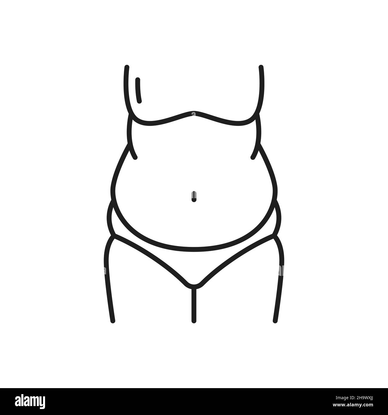 Donna grasso contorno vita icona, controllo peso linea sottile segno. Problema di obesità e il simbolo del corpo malsano, perdita di peso contorno icona vettore. Vita sana Illustrazione Vettoriale