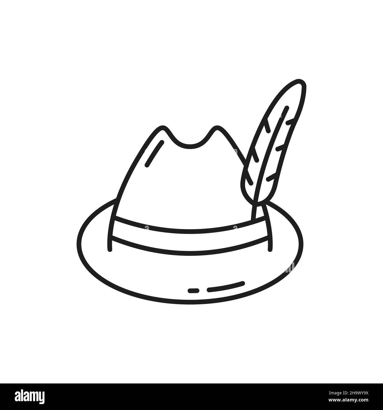 Cappello retrò con piume isolato Oktoberfest testa sottile icona linea. Copricapo Vector retro, accessorio per la testa. Cappello alpino Oktoberfest, attributo tradizionale Illustrazione Vettoriale