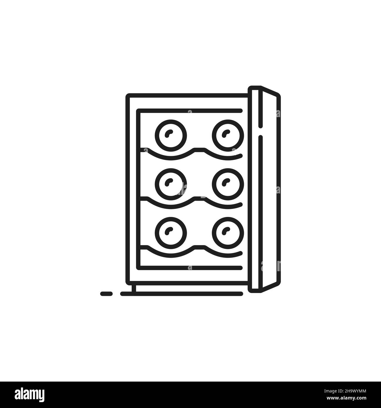 Congelatore per bevande rinfrescanti e bevande icona a forma di contorno isolato. Vector l frigorifero vetrina con porta, moderno negozio frigorifero per bottiglie. Congelamento Illustrazione Vettoriale