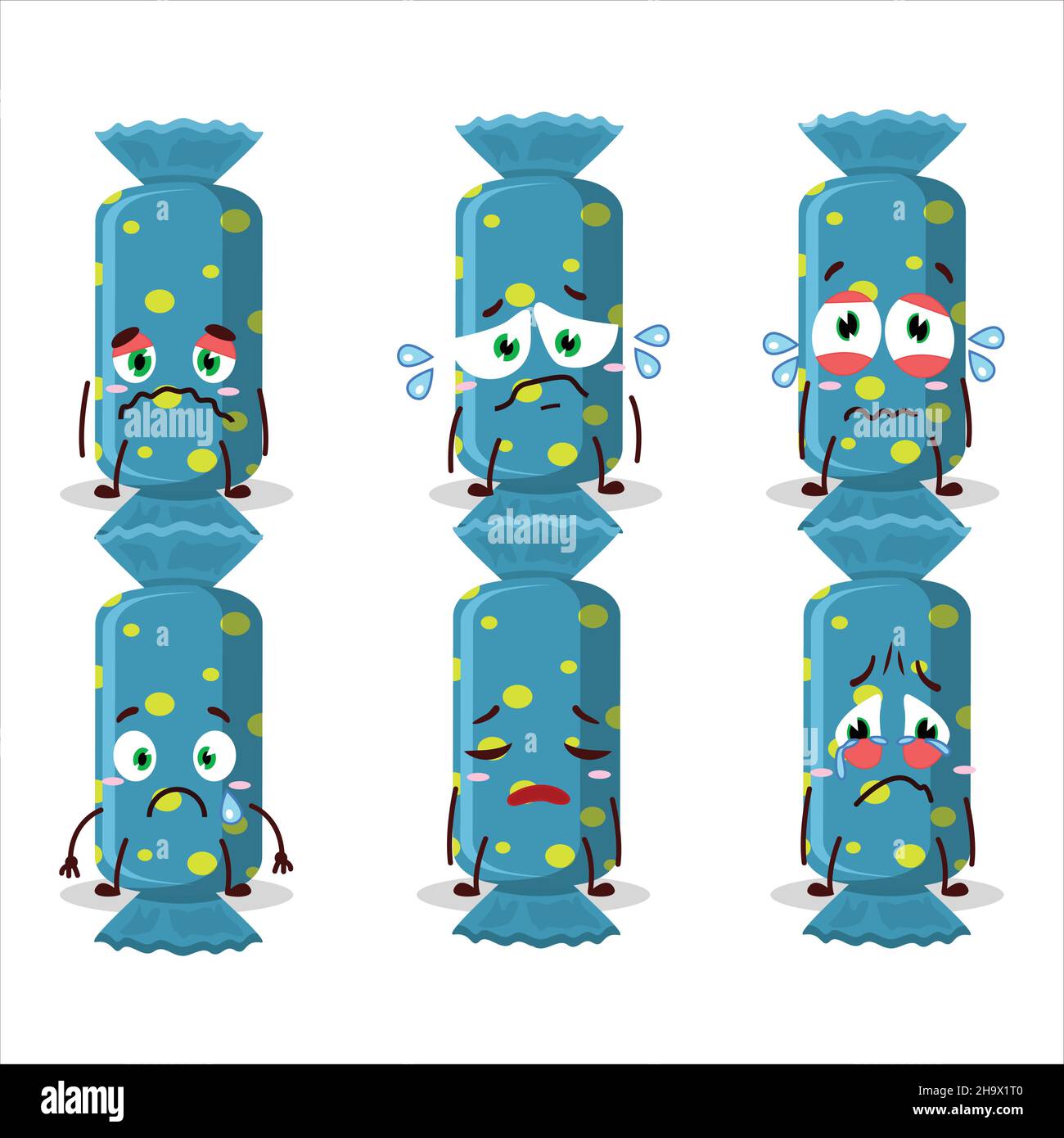 Personaggio cartoon blu con confezione di caramelle lunghe con espressione triste. Illustrazione vettoriale Illustrazione Vettoriale
