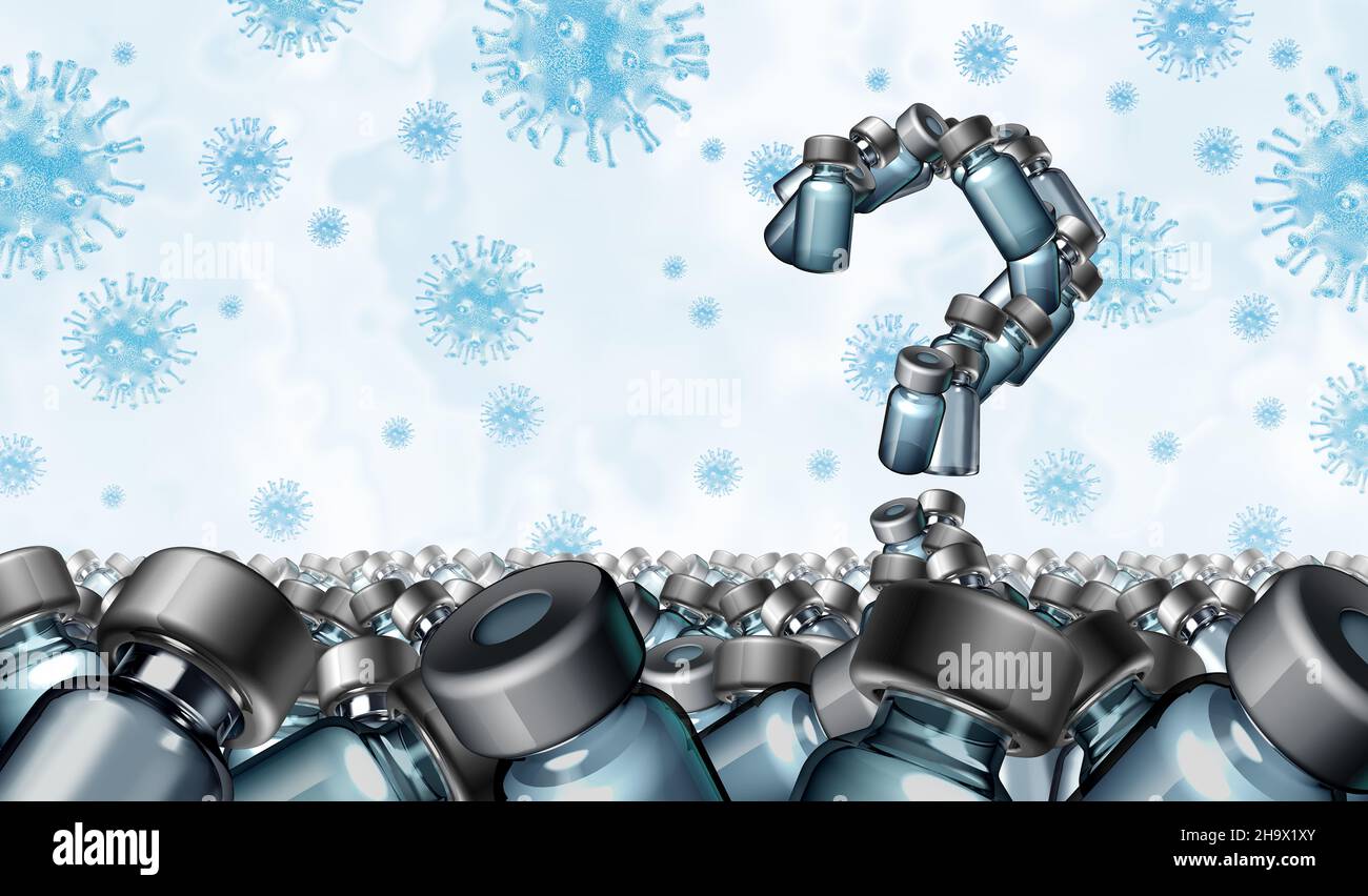 Domande sul vaccino e sulla vaccinazione da virus domande sul trattamento e influenza o coronavirus malattia medica incertezza e rischio come cura medica con dosi. Foto Stock