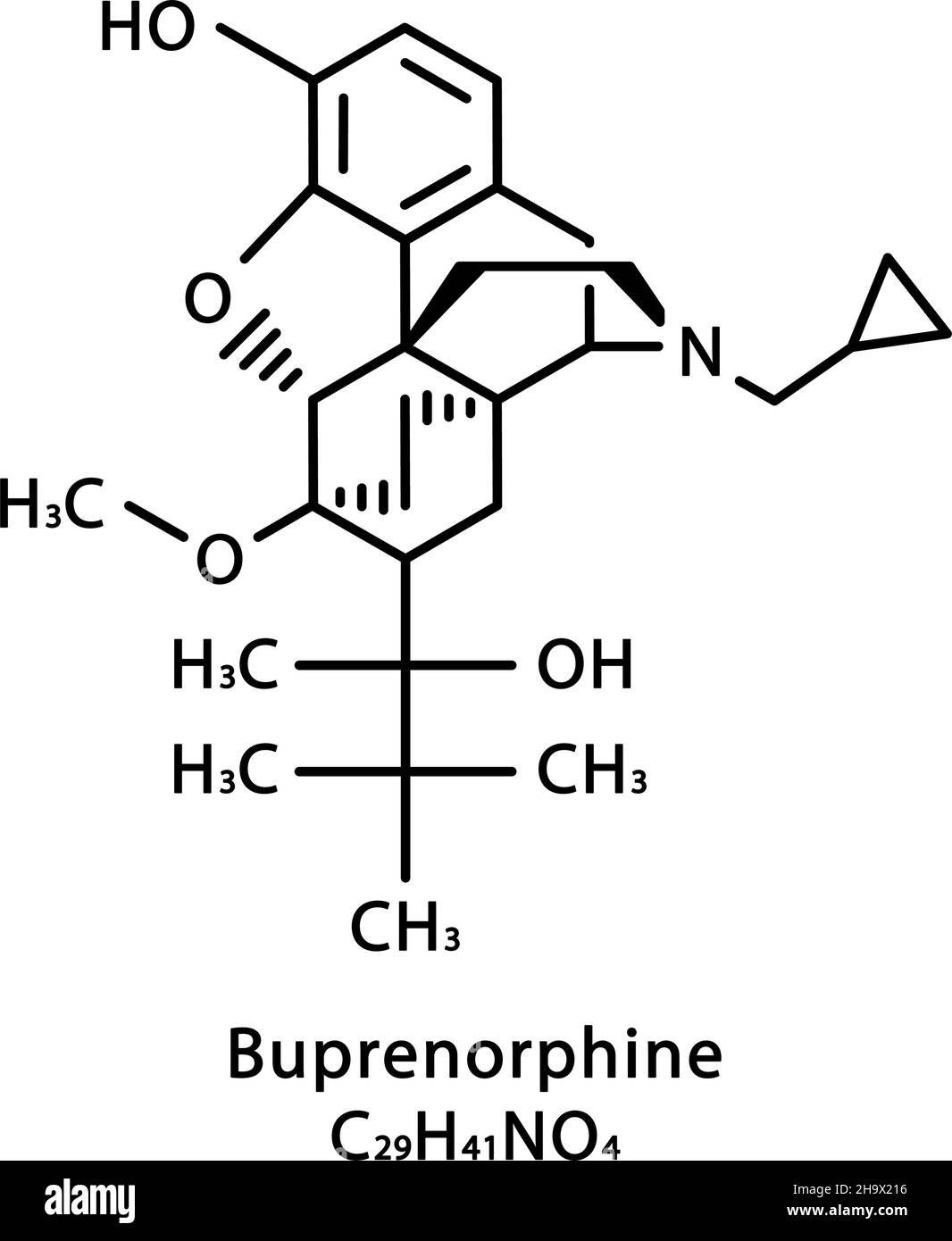 Struttura molecolare della buprenorfina. Formula chimica scheletrica della buprenorfina. Illustrazione del vettore della formula molecolare chimica Illustrazione Vettoriale