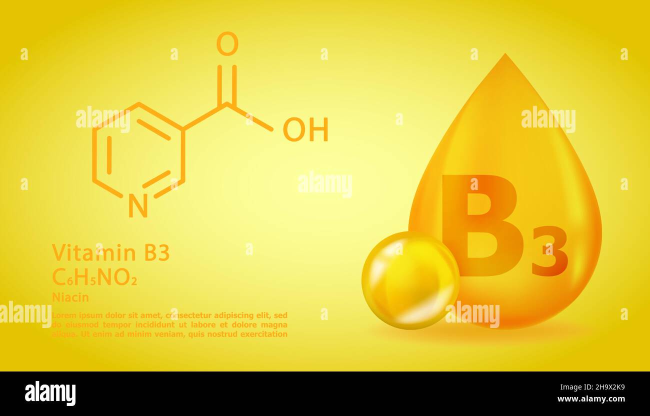 Realistico B3 niacina goccia di vitamina con formula chimica strutturale. 3D molecola di vitamina B3 Niacina design. Goccia capsula di pillola. Illustrazione Vettoriale