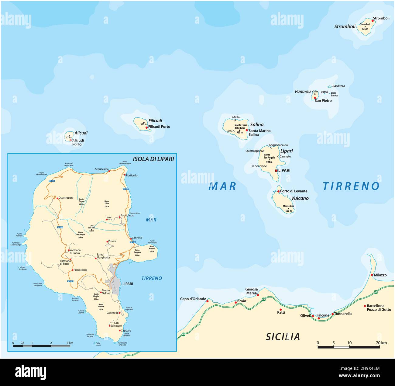 Mappa di Isola di Lipari e Isole Eolie, Sicilia, Italia Illustrazione Vettoriale