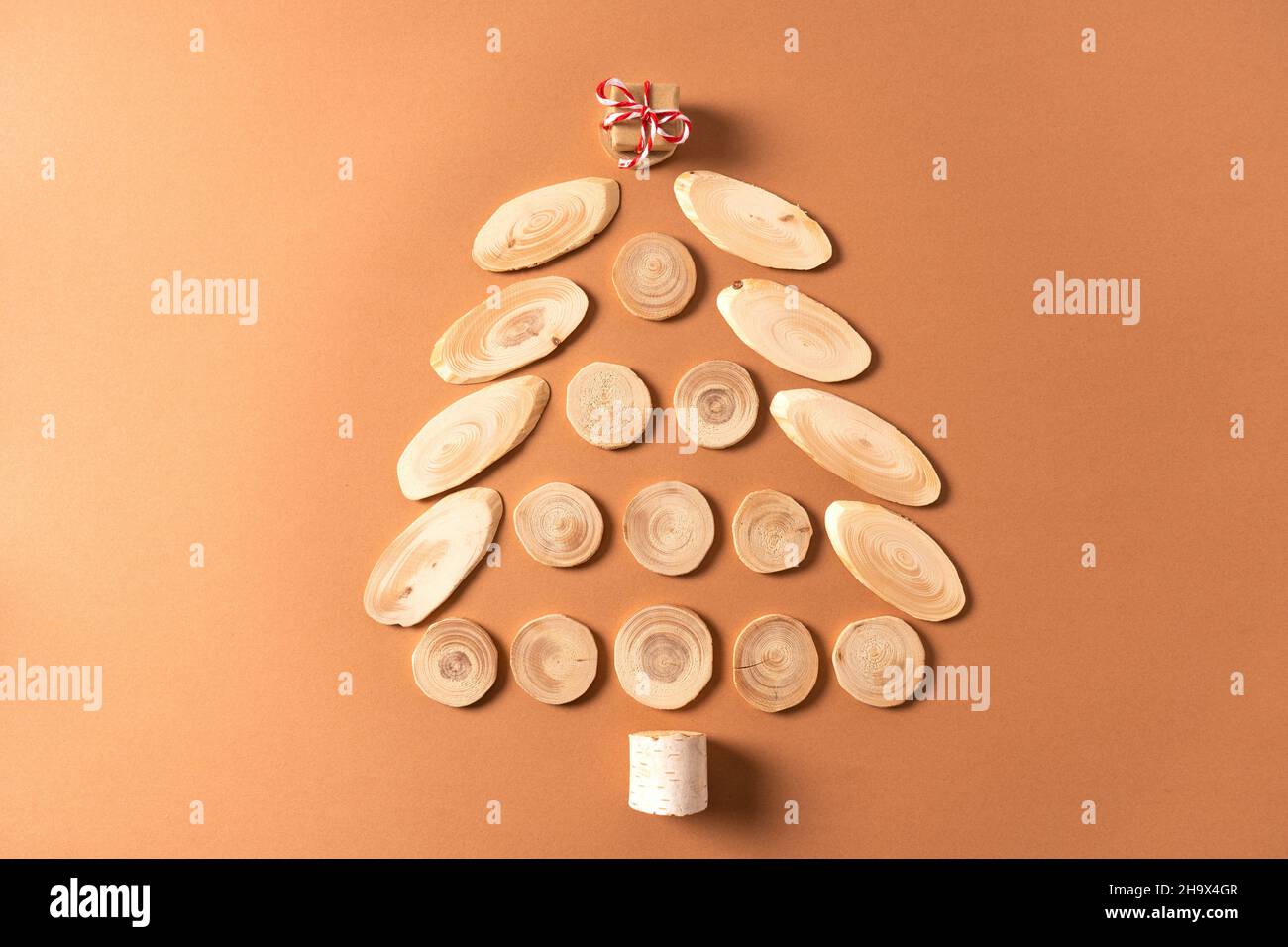 Albero di Natale fatto di tagli di albero con un piccolo regalo sulla parte superiore. Concetto creativo eco per la carta di Natale. Foto Stock