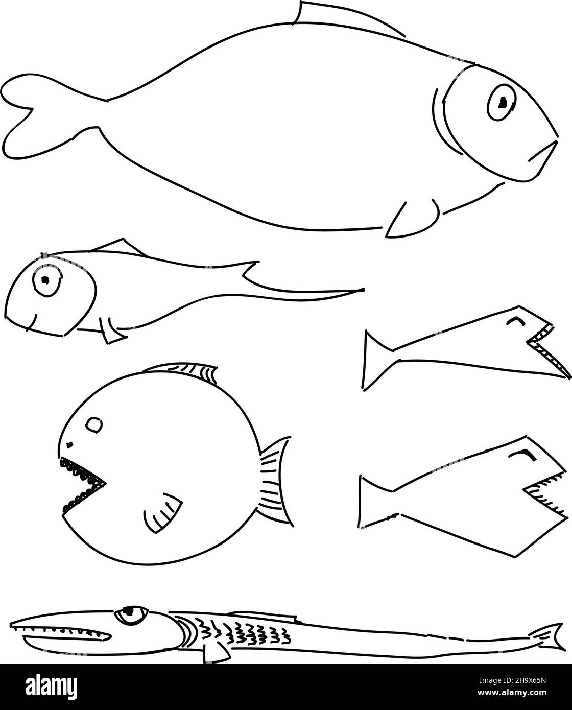 Pesce da disegno umoristico. Set vettoriale. Illustrazione Vettoriale