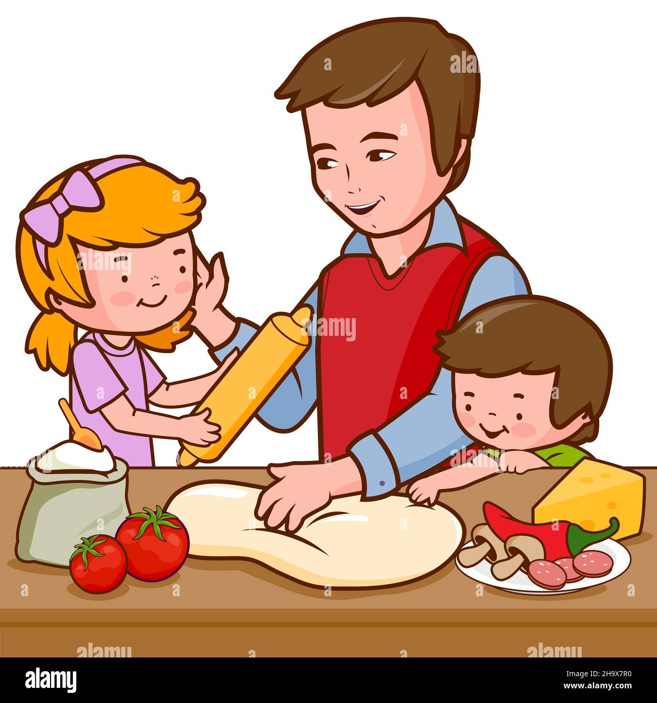 Cucina in famiglia a casa con genitori e bambini. Padre e bambini preparano una pizza in cucina e si divertono. Pizza con pomodoro, peperoni e formaggio. Foto Stock