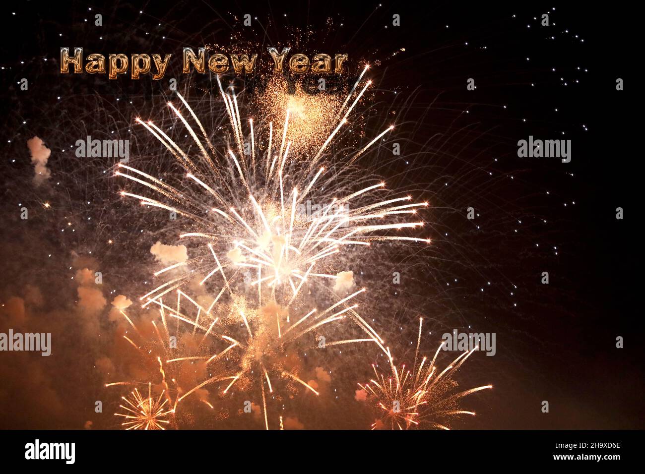 Fuochi d'artificio Capodanno felice anno nuovo Foto Stock