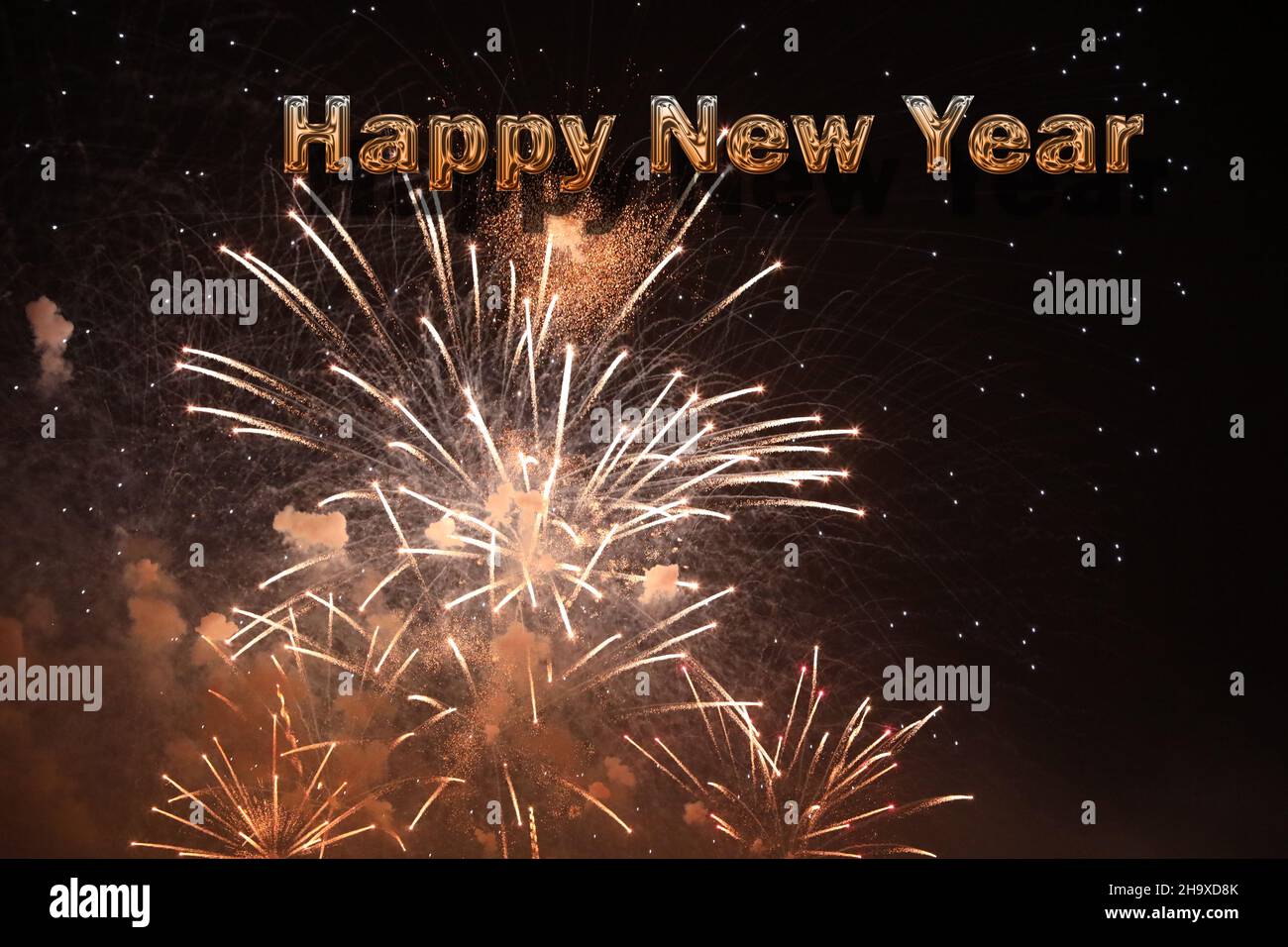 Fuochi d'artificio Capodanno felice anno nuovo Foto Stock
