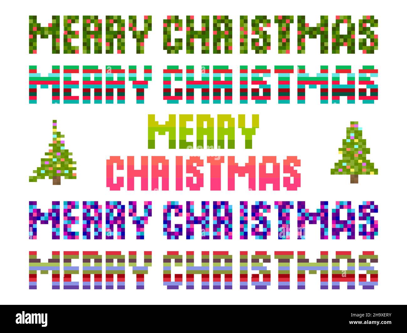 Buon Natale, pixel art. Testo pixelated nello stile di 8 bit giochi retrò dal 80s e 90s. Design per biglietti d'auguri, banner e inviti. Ve Illustrazione Vettoriale
