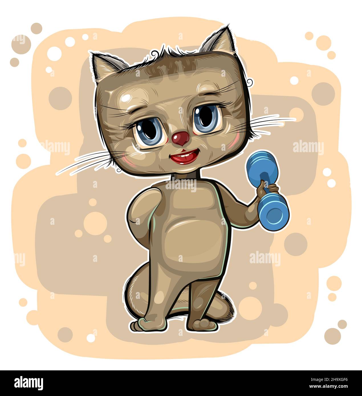 Carino atleta Kitten ragazzo. Esercizio dumbbell. Sport per bambini. Animale allegro. Stile cartoon. Illustrazione per i bambini. Isolato su sfondo bianco. Illustrazione Vettoriale