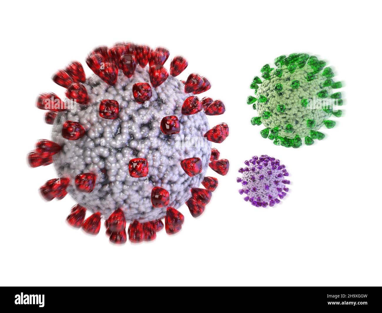 Covid-19, Varianti, Alpha, Beta, Gama, Delta, Omicron, Virus, Coronavirus. 3D Illustrazione del concetto di rendering. Epidemia, influenza, pandemia globale, epidemia Foto Stock