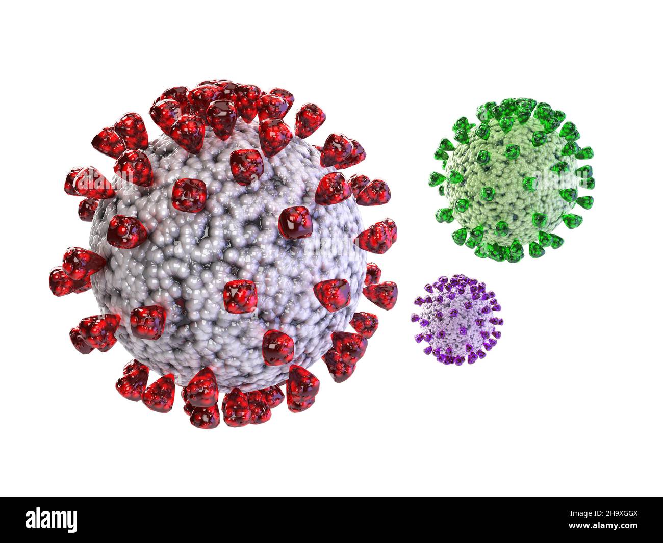 Covid-19, Varianti, Alpha, Beta, Gama, Delta, Omicron, Virus, Coronavirus. 3D Illustrazione del concetto di rendering. Epidemia, influenza, pandemia globale, epidemia Foto Stock
