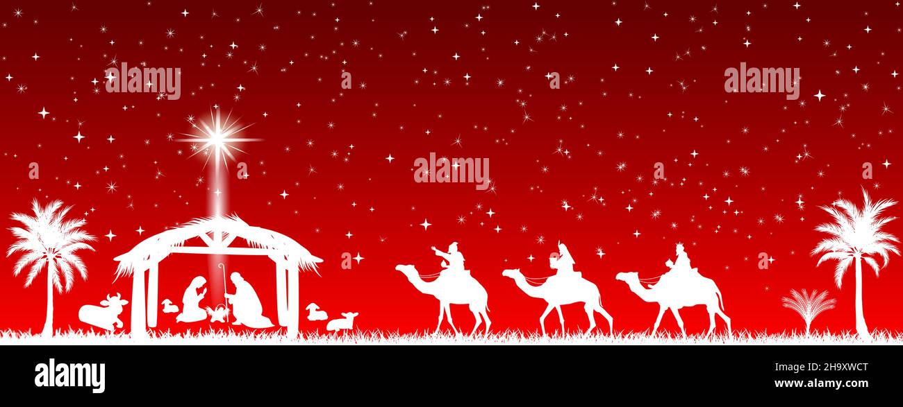Scena della Natività di Gesù Cristo su sfondo rosso. Gesù Bambino, Maria e Giuseppe. Sages su cammelli con regali per un bambino nato. Una stella luminosa splendente Illustrazione Vettoriale