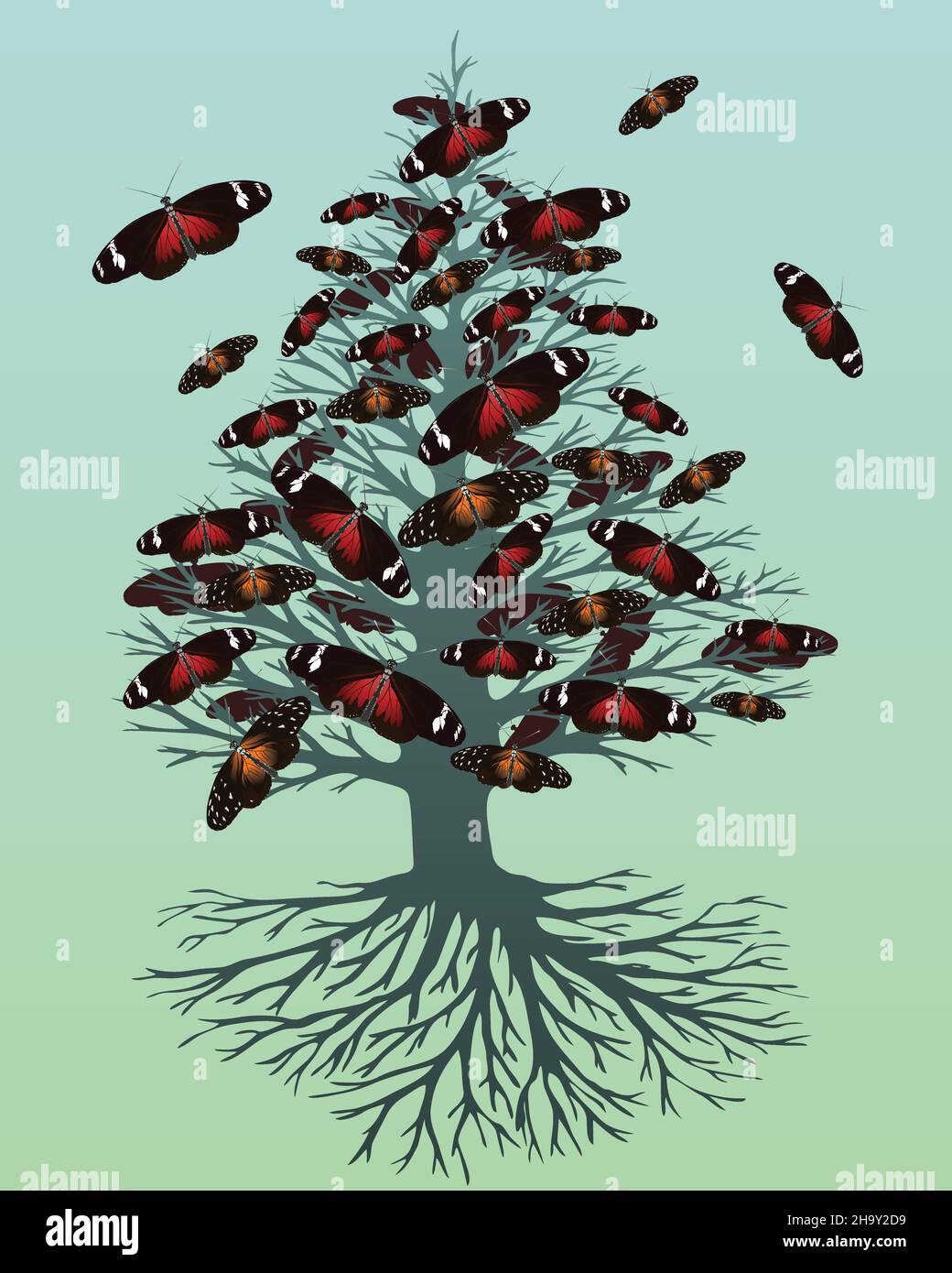 Un'illustrazione vettoriale di un albero di vita o yggdrasil con fiori di farfalla. L'albero ha una forma appuntita. Illustrazione Vettoriale